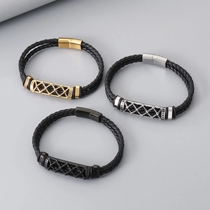 Men's double-layered braided leather bracelets with hollow grid pattern magnetic clasps