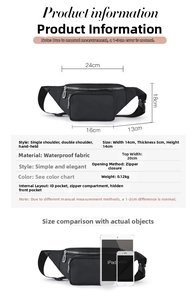 Detailed size chart of water-resistant waist bag with weight 0.12kg and iPad comparison