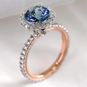 Round Gemstone Ring Copper Zircon Halo Micro Pave Dual Tone Hollow Luxury Jewelry For Women Elegant Accessory