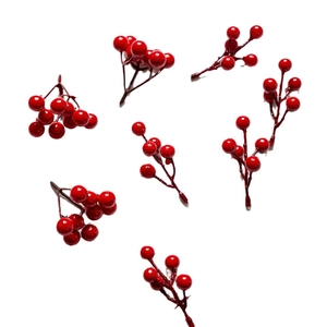 Artificial red holly berries stems for DIY Christmas decoration on white background