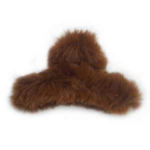 Large dark brown plush hair claw clip made of warm faux rabbit fur for women hair styling
