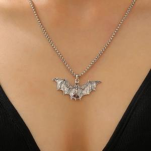 Vintage gothic bat pendant necklace in silver finish with a box chain for men and women