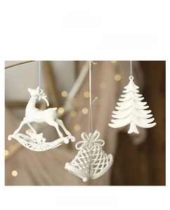 White glitter Christmas hanging ornaments featuring reindeer, bell and tree for holiday decor