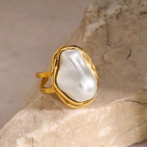 18k gold stainless steel baroque pearl open ring with double-layered hollow design