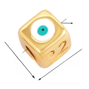 Macro detail of golden 10mm Evil Eye cube bead with number 22 engraving and blue zircon