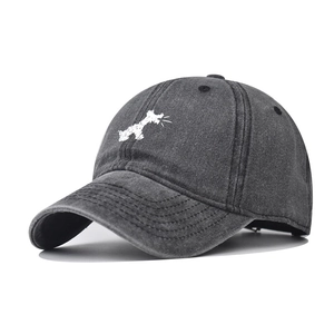 Washed Cotton Baseball Cap Dog Embroidery Distressed Retro Casual Sun Hat For Men Women Adjustable