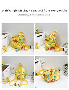 Detailed four-way view showing the dinosaur pattern and adjustable straps of the backpack