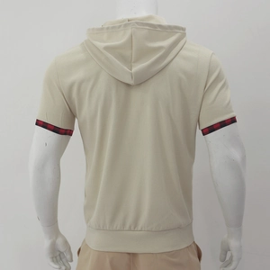 Men's waffle knit short sleeve hoodie in beige with red plaid trim on back sleeves