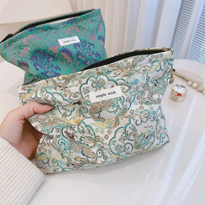 Detailed shot of Jacquard canvas pouches with traditional dragon and cloud patterns