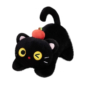 Cute black plush cat toy with red apple hat in a playful crouching pose for children
