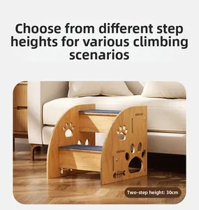 Detail view of 2-step wooden pet stairs with 30cm height and blue anti-slip fabric treads