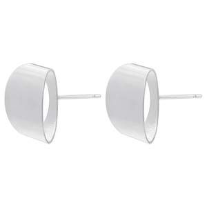 Detailed close-up of geometric silver U-shaped hoop earrings with a minimalist finish