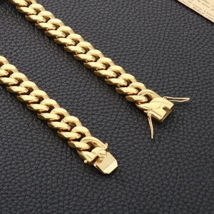 Men's 13mm gold stainless steel Cuban link chain necklace with secure box clasp closure