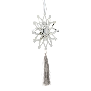 Silver metal snowflake Christmas ornament with grey silk tassel on white background