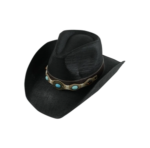 Detail of black cowboy hat with brown leather band and turquoise stone ornaments