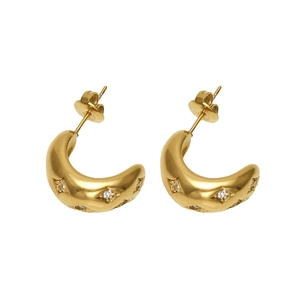 Elegant gold plated stainless steel C-shaped hoop earrings with sparkling rhinestones