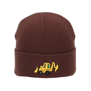 Close-up of brown ribbed knit beanie with yellow excavator embroidery detail