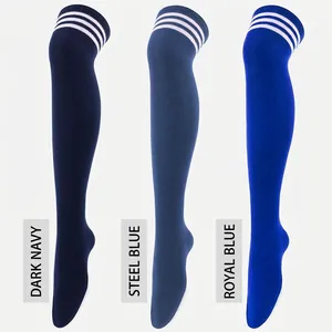 Detailed knit texture of over-the-knee socks in Dark Navy, Navy Blue and Royal Blue colors