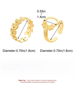 Detailed view of adjustable gold stainless steel rings with leaf and spiral patterns
