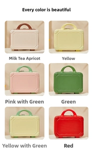 Detailed grid of 14-inch mini suitcase makeup bags in six assorted vibrant color options