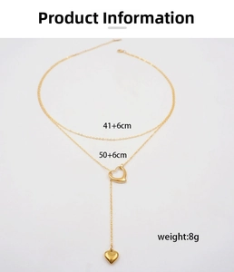Detailed size specifications for a gold double-layer hollow heart pendant necklace