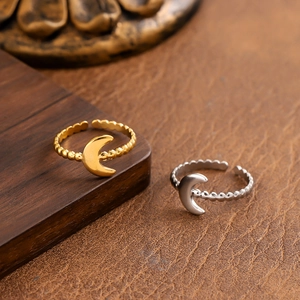 Moon Shape Stainless Steel Ring French Vintage Beaded Adjustable Open Design 18K Gold Plated Niche Jewelry
