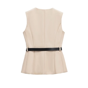 Rear view of beige sleeveless vest featuring a slim black leather belt and back seam detail