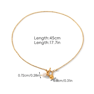 Detailed size specifications for pearl and gold ball necklace with OT buckle clasp