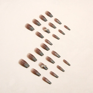 Long coffin amber marble ombre press-on nails with yellow rhinestones 24pcs set