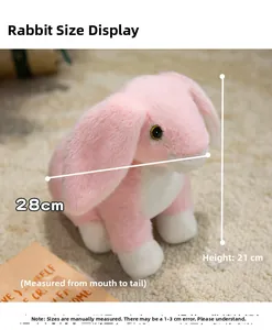 Pink and white plush rabbit toy dimensions showing 28cm length and 21cm height detail