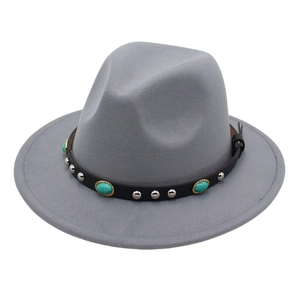 Medium gray wool fedora hat featuring a black leather band with turquoise and silver studs