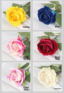 Detailed grid showing six artificial velvet roses in yellow, blue, and pink colors