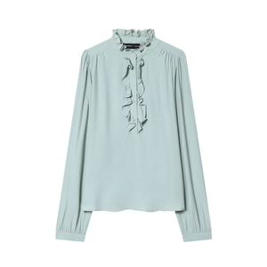 Women's ruffle neck mint green viscose long sleeve shirt in a light minimalist style