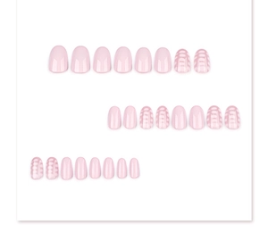 Detail of short round nude pink press on nails with 3D water ripple texture and glossy finish