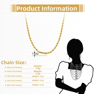 Size chart showing 1.5mm twist chain lengths from 16 to 24 inches on a neck silhouette