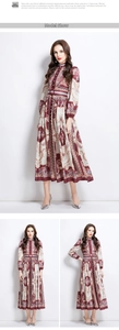 Detail of baroque print maxi dress with stand collar and long sleeves