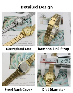 Detail of square quartz watch featuring a 24.93mm case and bamboo texture metal band