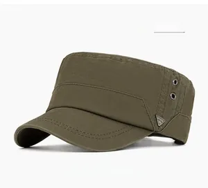 Detail of army green cotton cadet cap featuring metal eyelets and a side logo plaque