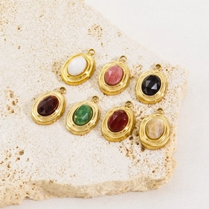 French vintage style oval faceted natural stone pendants with 14K gold plated stainless steel