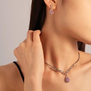 2-piece luxury jewelry set featuring pink pear-cut zircon necklace and earrings for women