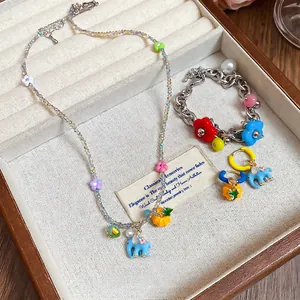 Stainless Steel Necklace Bracelet Earrings Enamel Elephant Pumpkin Flower Artificial Pearl Beaded Cute Colorful Dopamine Jewelry For Women
