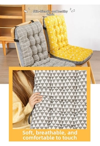 Detail of integrated chair cushion with quilted texture and secure black straps in gray plaid