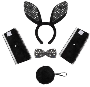 Detail of 4-piece bunny cosplay set featuring sequin ears, bowtie, cuffs and plush tail