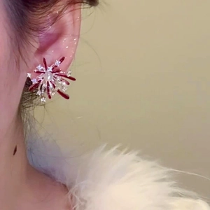 Elegant red enamel firework stud earrings with zircons and pearls on silver needles