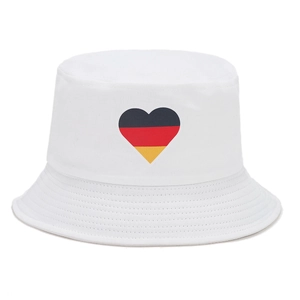 Detailed close-up of white cotton bucket hat with heart-shaped German flag embroidery