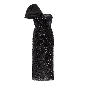Elegant black sequin one-shoulder dress with a large satin bow and slim fit silhouette