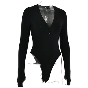 Detail of black V-neck ribbed knit bodysuit with decorative buttons on long sleeves