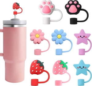Variety pack of 10mm silicone straw covers featuring cute fruit and animal shapes