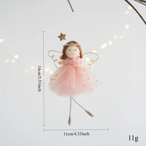 Pink Christmas angel pendant with mesh skirt and gold wings showing size 14cm by 11cm