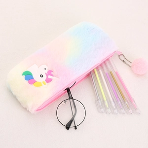 Rainbow plush unicorn pencil case with cute fuzzy ball pendant and 3D cartoon design